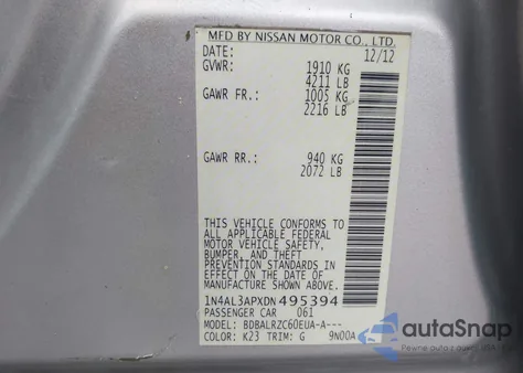 2013 Nissan Altima 2.5 S from USA, damaged, VIN 1N4AL3APXDN495394